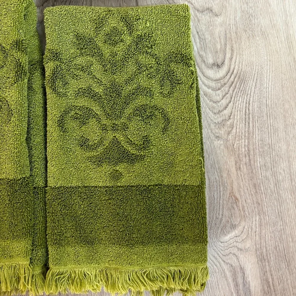 Fieldcrest Imperial jacquard avocado 3 hand towels fringe Vintage 60s MCM